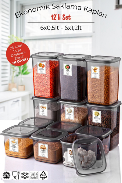 Nandy Home Set of 12 Anthracite Economical Unbreakable Storage Containers with Labels 6X0,5/6X1,2 Lt.