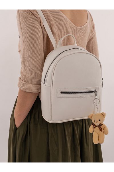 FLEXON White Soft Faux Leather Front Zipper School Backpack with Pocket