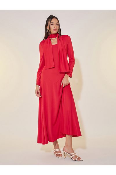 Styli Solid Round Neck Tie Up Detail Maxi Dress