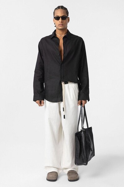 Vamos Detailed Oversize Linen Trousers - Ecru Green