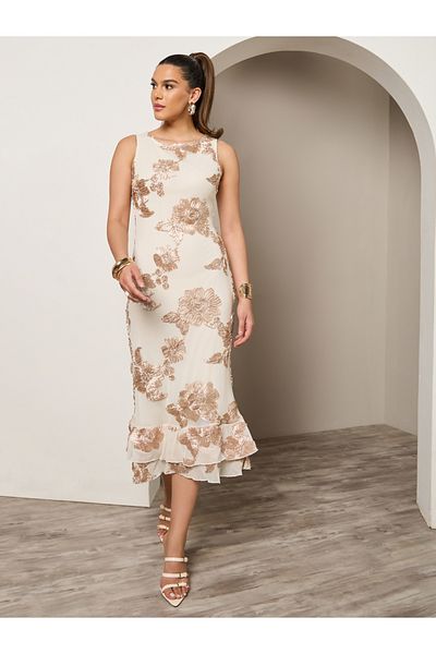 Styli Floral Embroidered Sleeveless Sheath Midi Dress