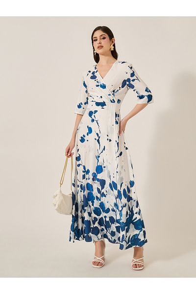 Styli Floral Print Wrap Look A-Line Maxi Dress