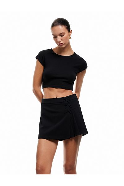 Koton Crepe Scuba Fabric Bow Pleated Mini Shorts Skirt