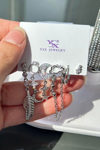TAKIŞTIR مجموعة أقراط YSX مكونة من 6 قطع بتفاصيل حجرية فضية اللون