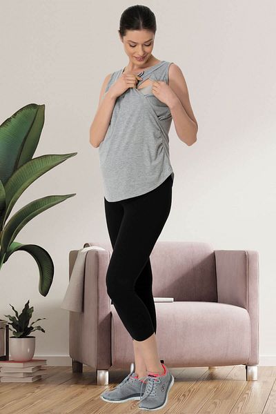 Mecit Pijama Mecit 5431 Gray Breastfeeding Featured Maternity T-Shirt Capri Maternity Leggings Set