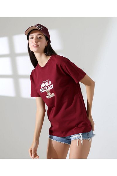 ribana Women's Front and Back Teddy Bear Printed Crew Neck T-Shirt