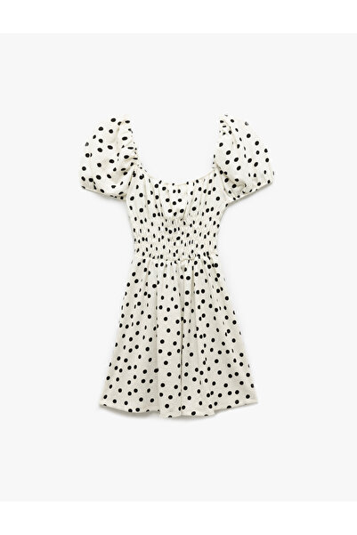 Koton Bürümcük Kumaş Gipeli Kısa Balon Kollu Puantiye Desenli Mini Elbise