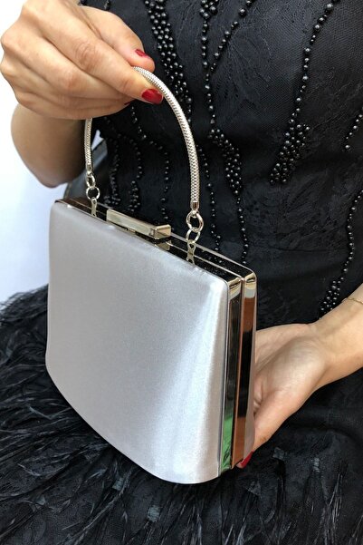 NAZART Kadın Saten Gümüş Abiye Clutch Portföy Bayan Çantası