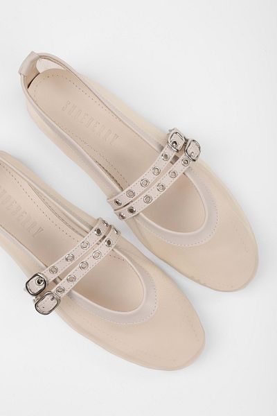 Shoeberry Women's Melu Ecru Tulle Double Buckle Ballerinas
