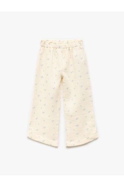 Koton Cotton Elastic Waist Floral Muslin Wide Leg Trousers