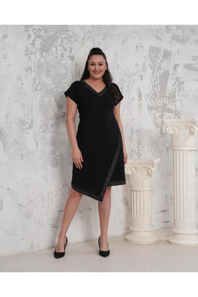 Butik Nilyam Kadın Büyük Beden Simli V Yaka ve Etek Şeritli Midi Boy Esnek Abiye Elbise 24124 Siyah