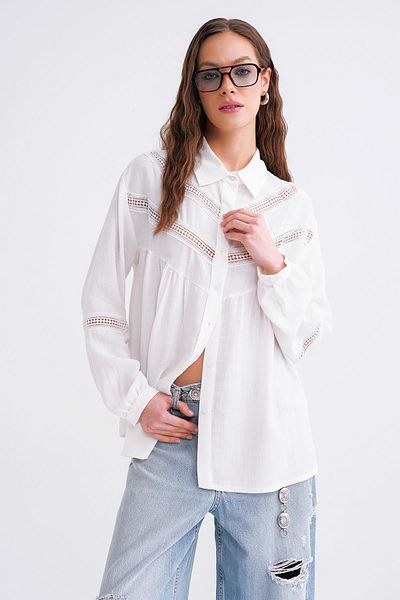 Mixray 4680 Γυναικείο λινό πουκάμισο Oversize Λευκό με λεπτομέρεια από δαντέλα