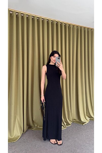 HAZELANNA فستان أسود طويل مجزأ