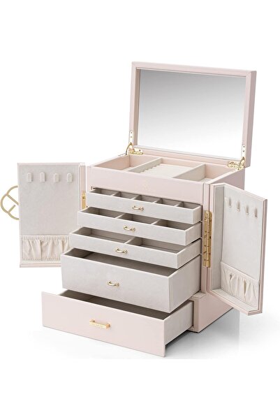 VLANDO 5 Katlı Takı Kutusu Ayna ve Çekmeceli Deri Takı Organizer Kadın