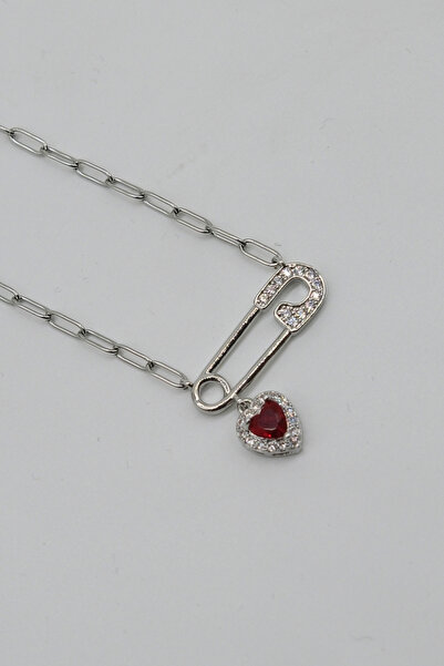 TAKIBOX Steel Red Heart Dangle Hairpin Necklace