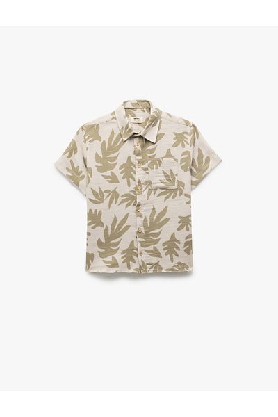 Koton Leaf Patterned Short Sleeve Cotton Shirt with Pocket Detail
