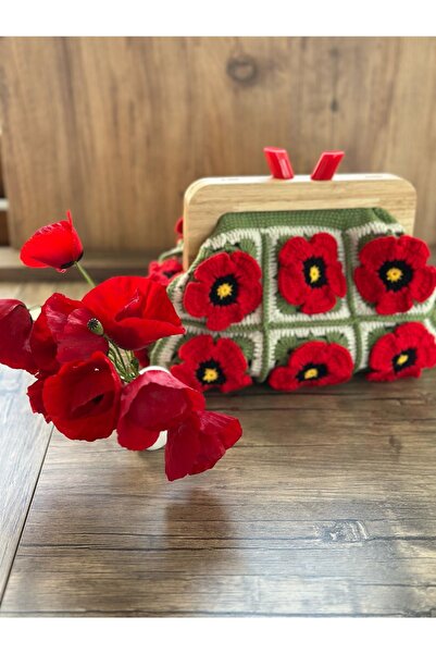 NA Dream Dizayn Gelincik Motifli, Renkli Boncuklu, El Örgüsü Ahşap Burslu Çanta