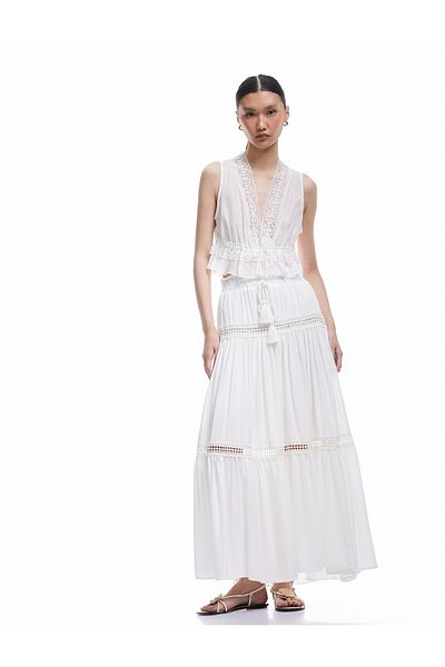 Koton Cotton Lined Scalloped Long Viscose Skirt with Lacing Detail