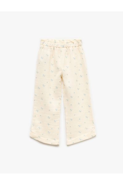Koton Cotton Elastic Waist Floral Muslin Wide Leg Trousers