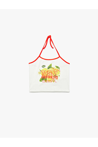 Koton Pamuklu Kolsuz Limon Baskılı Bağcıklı Crop Dar Kesim Halter Yaka Bluz