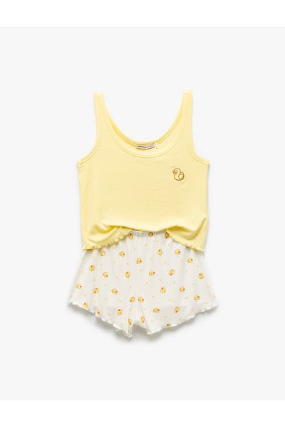 Koton Viscose Fabric Duck Printed Suspender Shorts Pajama Set