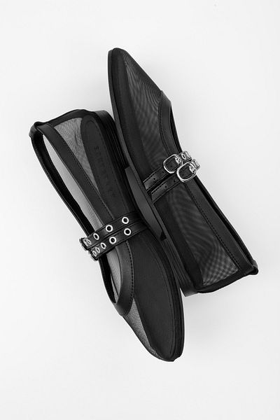 Shoeberry Women's Melu Black Tulle Double Buckle Ballerinas