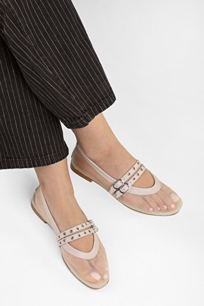 Shoeberry Women's Melu Ecru Tulle Double Buckle Ballerinas