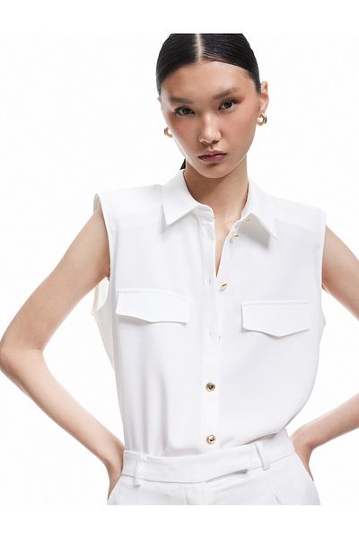Koton Classic Collar Sleeveless Shirt with Crepe Fabric Cover and Pocket Detail