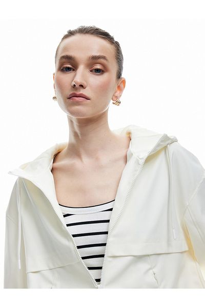 Koton Hooded Long Sleeve Zippered Leather Look Raincoat