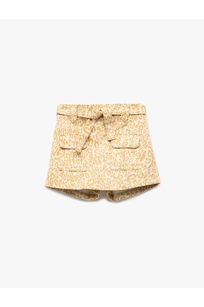 Koton Leopard Patterned Cotton Covered Pocket Detailed Belted Short Skirt