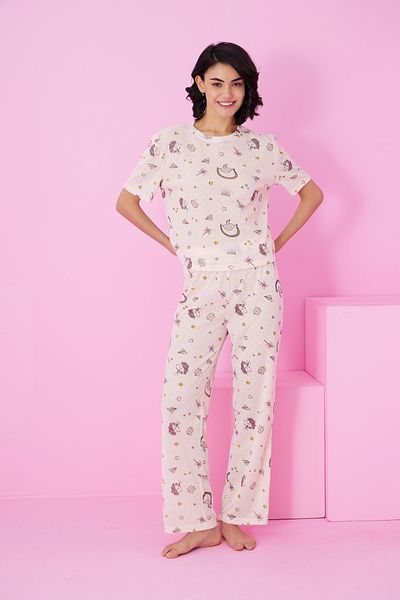 Siyah İnci Salmon Unicorn Patterned Pointel Openwork/Hole Crew Neck Knitted Pajama Set