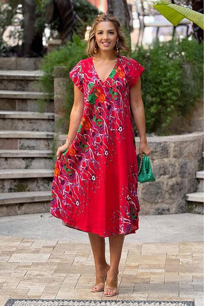 Nevin Kaya Moda Red Fountain Rose Patterned Afitap Dress