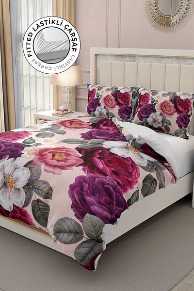 MonoHome 100% Cotton Satin Double Duvet Cover Set with Elastic Sheets Rose Nevcover