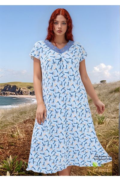 BAHHAR Women's Blue Short Sleeve Collar Lace Detail Oversized Viscosa Midi Nightgown
