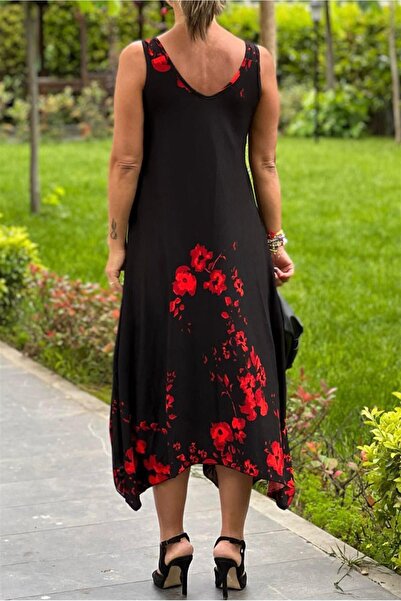 Nevin Kaya Moda Ateş Çiçeği Desenli Askılı Elbise