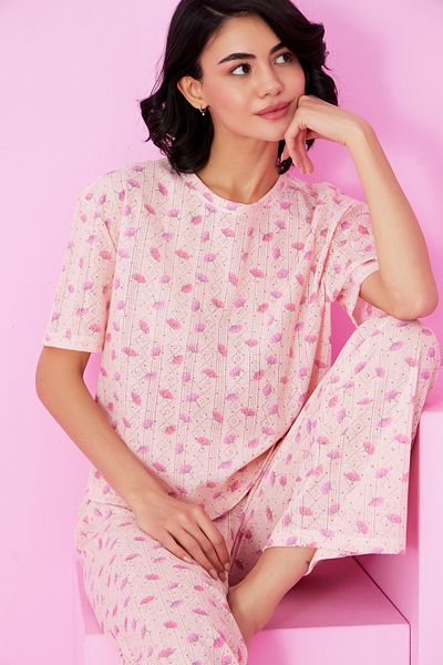 Siyah İnci Salmon Flower Pattern Pointel Openwork/Hole Crew Neck Knitted Pajama Set