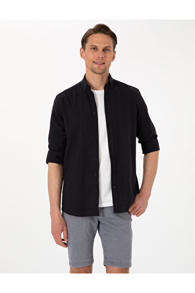 Pierre Cardin Siyah Keten Görünümlü Slim Fit Uzun Kollu Gömlek 50307025-VR046