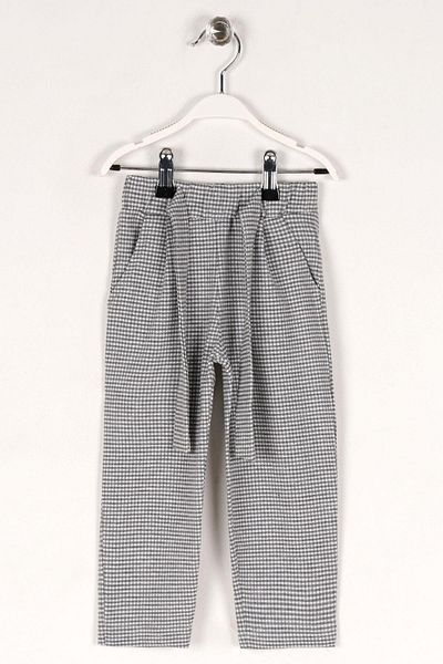 zepkids Plaid Patterned Girl's Gray Color Trousers with Belted Waistband