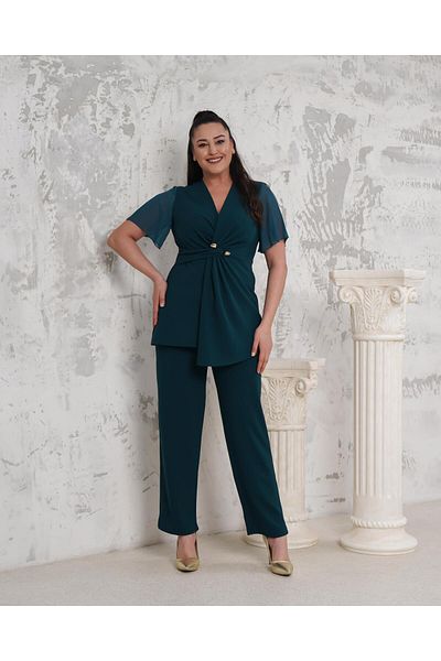 Butik Nilyam Women's Plus Size Double Breasted Collar Chiffon Sleeve Button Detail Blouse Elastic Waist Pants Set 24724