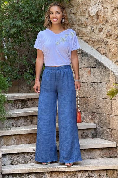 Nevin Kaya Moda Pantaloni Palazzo albaștri