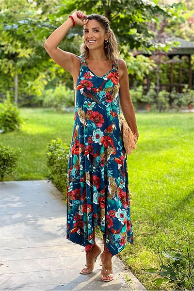 Nevin Kaya Moda Safari Patterned Buckle Summer Cotton Strap Combed Cotton Dress
