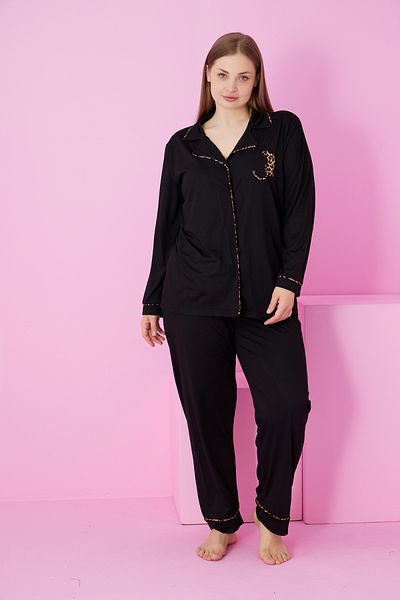 Siyah İnci Black Shirt - Leopard Embroidered, Buttoned, Large Size, Long Sleeve Viscose Pajama Set
