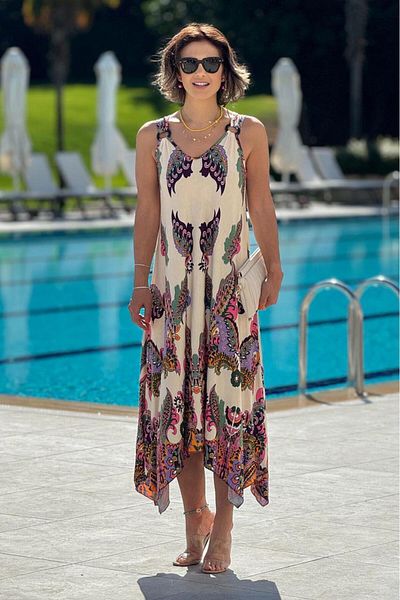 Nevin Kaya Moda Αυθεντικό μοτίβο κρεμ βαμβακερό φόρεμα με λουράκι - αγκράφα