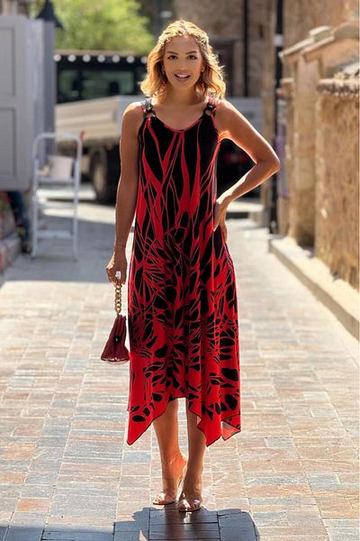Nevin Kaya Moda Buckle Red Flame Patterned Strap Dress