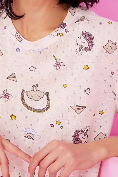 Siyah İnci somon unicorn desenli Pointel Ajurlu/Delikli Bisiklet Yaka Örme Pijama Takım