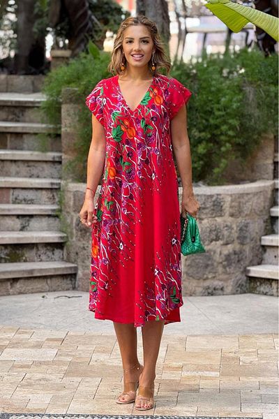 Nevin Kaya Moda Red Fountain Rose Patterned Afitap Dress