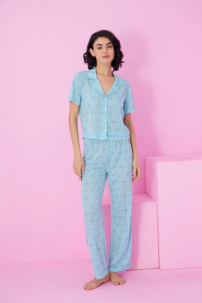 Siyah İnci model de flori de cafea albastră Pointel ajurat/cămașă scobită guler tricotat cu nasturi Set pijama