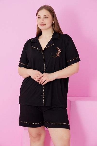 Siyah İnci Black Shirt - Leopard Embroidered, Buttoned Oversize, Large Size, Short Sleeve Viscose Shorts Set