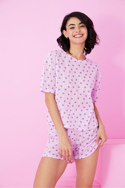 Siyah İnci Lilac Purple Flower Print Pointel Openwork/Hole Crew Neck Knitted Shorts Set