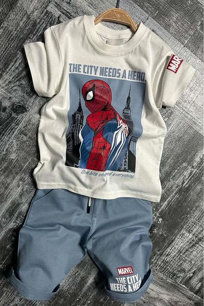 Riccotarz Set de tricou cu imprimeu cu caractere și text Spiderman pentru băiat, cu detaliu de frânghie, pantaloni scurți albaștri